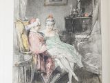 drawing of a man and a woman sitting in a chair in a room