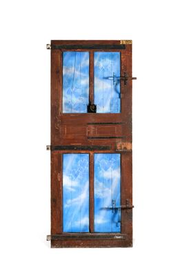 a wooden cabinet with two blue glass doors on it