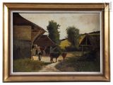 an image of a painting of a farm scene with a horse and a cart