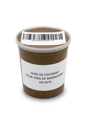 colorant alimentaire au chocolat dans un récipient en plastique muni d'une étiquette avec un code-barres