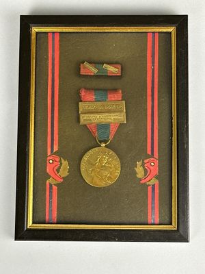 une photo encadrée représentant une médaille entourée d'un ruban