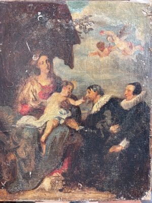 un vieux tableau représentant une femme tenant un bébé dans ses bras et un homme assis sur un canapé