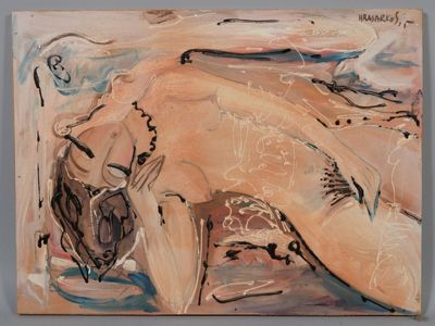 une peinture abstraite représentant une femme nue allongée sur un lit