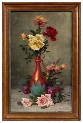 une peinture de roses dans un vase sur une table