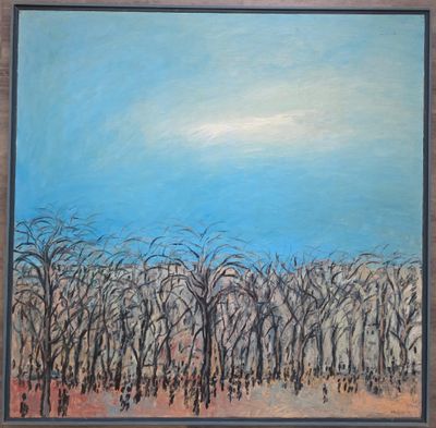 une peinture représentant une peinture d'arbres dans un champ, avec le ciel en arrière-plan