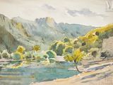 une aquarelle représentant un paysage de montagne avec une rivière