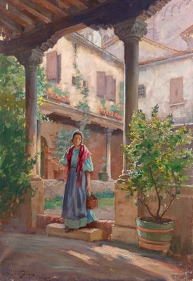 painting of a woman standing in a courtyard with a potted plant