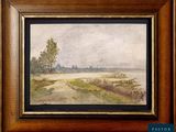 an oil painting of a landscape with a river in the distance