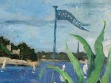 a painting of a flag flying over a body of water