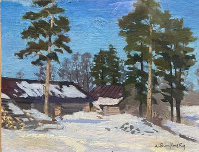 painting of a cabin in the snow with trees in the foreground