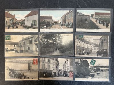several old photographs of a street with people and cars on it
