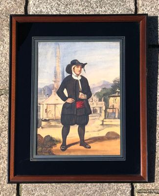 painting of a man in a black coat and hat standing in front of a stone wall