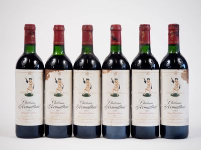 six bouteilles de vin sont alignées sur une surface blanche