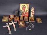 many religious items on a black table