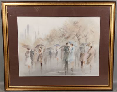 tableau représentant un groupe de personnes marchant sous la pluie avec des parapluies
