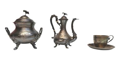 three silver teapots and a cup on a white background