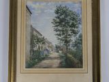 un tableau représentant une rue avec des maisons et des arbres, dans un cadre doré