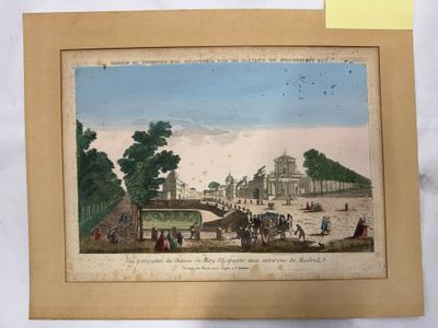 une vieille photo représentant un tableau où l'on voit des gens sur un pont