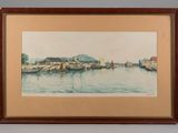 framed watercolor painting of a harbor scene with boats in the water
