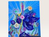 un tableau représentant un oiseau noir dans un champ de fleurs