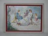 a picture of a painting of a family sitting on a bench