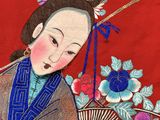 a painting of a woman holding a fan on a red background