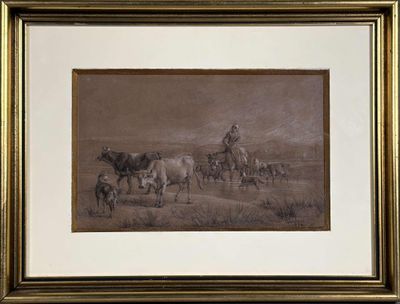 tableau représentant un homme à cheval gardant un troupeau de bovins dans un champ