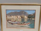 painting of boats in a harbor with a mountain in the background