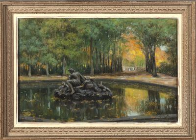 une peinture à l'huile représentant un couple assis sur un rocher au bord d'un étang