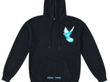a black hoodie with a blue bird on it