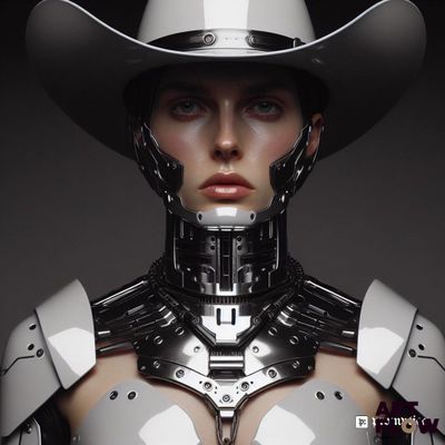 une femme portant un chapeau de cow-boy blanc et un tailleur argenté