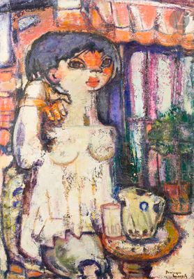un tableau représentant une femme assise à une table avec une tasse de café