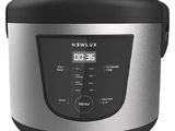 a close up of a silver and black rice cooker on a white background