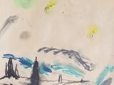drawing of a boat in the ocean with a sky background