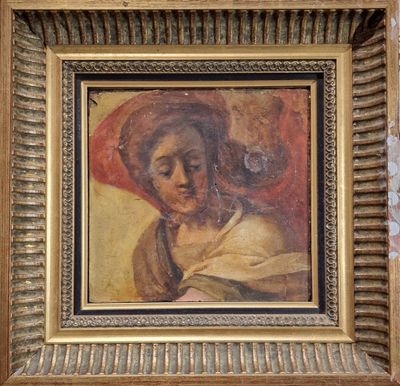 an old painting of a woman with a red hat in a gold frame