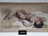 a painting of a nude woman laying on a bed