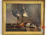 a picture of a painting of birds hanging from a rope