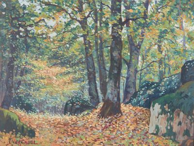 an oil painting of a path in a forest with leaves on the ground