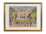 une peinture représentant un bâtiment avec des palmiers et des personnes devant