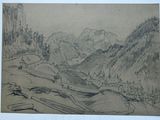 dessin au crayon représentant un paysage de montagne avec une rivière et des montagnes en arrière-plan