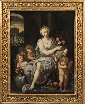 un tableau représentant une femme avec deux enfants et un vase