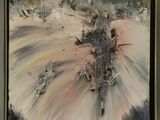 painting of a white and black abstract painting with a gold frame