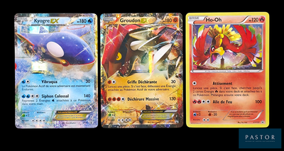 three different pokemon cards are shown on a black background