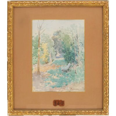 une image représentant une peinture d'une zone boisée avec des arbres et des buissons