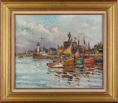 an oil painting of a harbor scene with boats in the water