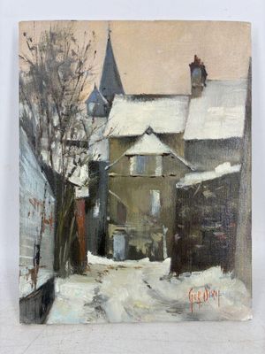 une peinture à l'huile représentant une maison dans la neige sur un fond blanc