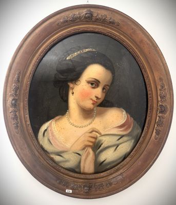 an oval painting of a woman with a pearl necklace in a brown frame