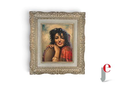 tableau représentant une femme vêtue d'un sari rouge, la main posée sur le menton