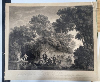 an old picture of a group of people in a boat on a river