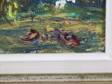 a picture of a painting of chickens in a field